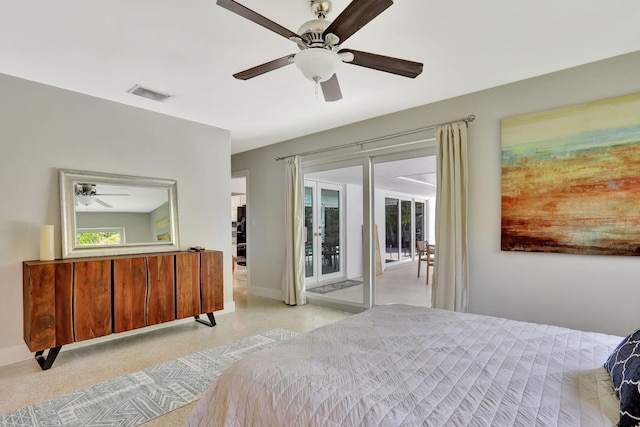 bedroom with baseboards, access to outside, and a ceiling fan