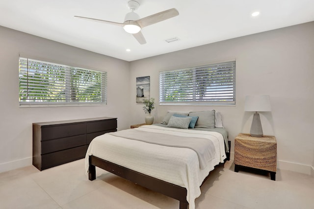 bedroom featuring a ceiling fan, baseboards, and recessed lighting