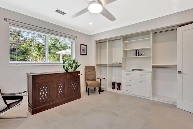 sitting room with crown molding, ceiling fan, and recessed lighting