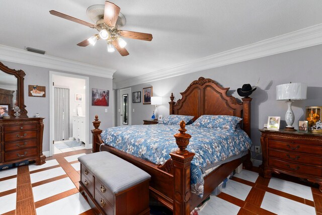 6045 Whipoorwill Ln, Fort Pierce, FL 34987 - bedroom featuring inlaid floor details, crown molding, connected bathroom, ceiling fan, and baseboards
