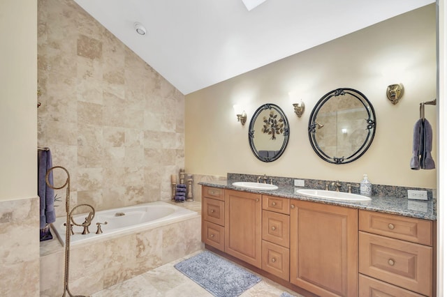 1485 Bear Island Dr, West Palm Beach, FL 33409 - bathroom with a sink, double vanity, lofted ceiling, and a garden tub