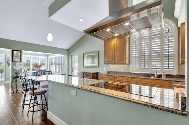 1485 Bear Island Dr, West Palm Beach, FL 33409 - kitchen with range hood, black electric cooktop, a sink, a breakfast bar, and dark wood-style floors