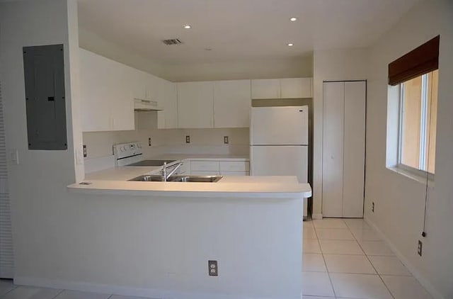 kitchen with visible vents, electric range oven, electric panel, freestanding refrigerator, and under cabinet range hood