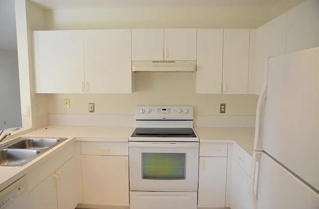 kitchen with white cabinets, a sink, light countertops, white appliances, and under cabinet range hood
