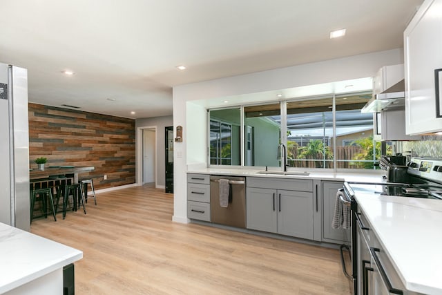 8421 NW 24th St, Sunrise, FL 33322 - kitchen featuring appliances with stainless steel finishes, wood walls, a sink, gray cabinetry, and under cabinet range hood
