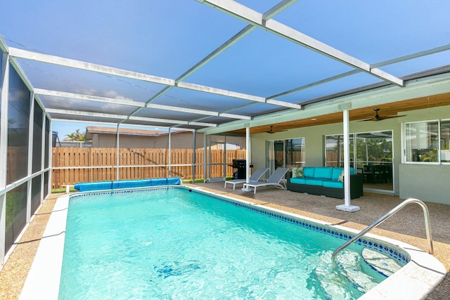 8421 NW 24th St, Sunrise, FL 33322 - view of swimming pool with fence, ceiling fan, a fenced in pool, a lanai, and a patio