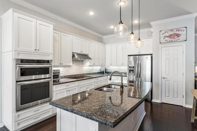 1345 Bourne Dr, Jupiter, FL 33458 - kitchen featuring stainless steel appliances, under cabinet range hood, white cabinetry, and a sink