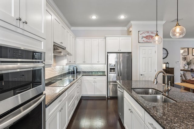 1345 Bourne Dr, Jupiter, FL 33458 - kitchen with crown molding, white cabinets, under cabinet range hood, appliances with stainless steel finishes, and a sink
