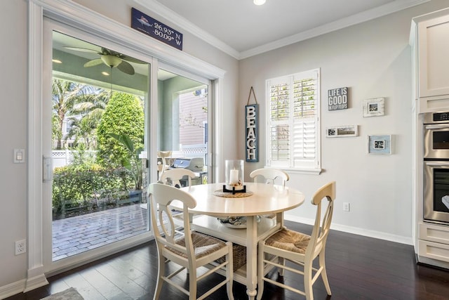 1345 Bourne Dr, Jupiter, FL 33458 - dining space featuring dark wood-style flooring, baseboards, ornamental molding, and ceiling fan