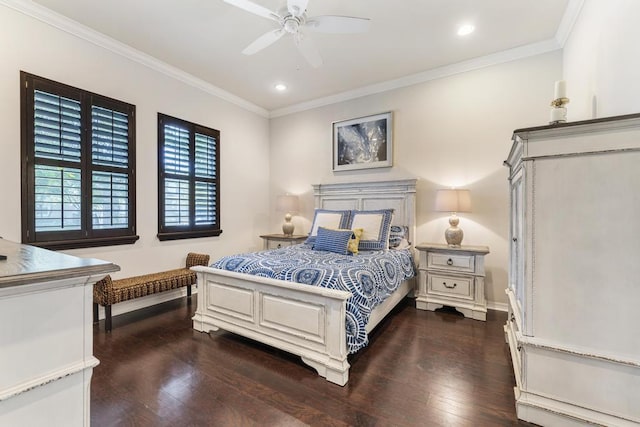 1345 Bourne Dr, Jupiter, FL 33458 - bedroom featuring baseboards, ornamental molding, ceiling fan, recessed lighting, and dark wood-type flooring