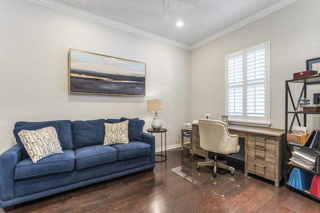 1345 Bourne Dr, Jupiter, FL 33458 - office space featuring dark wood finished floors, ceiling fan, baseboards, and ornamental molding