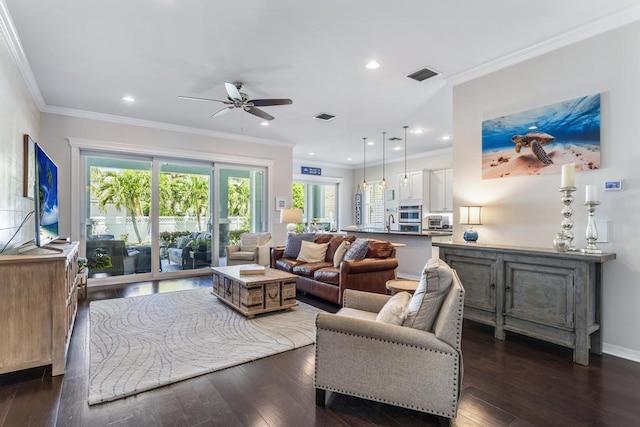 1345 Bourne Dr, Jupiter, FL 33458 - living area with visible vents, a ceiling fan, and dark wood finished floors