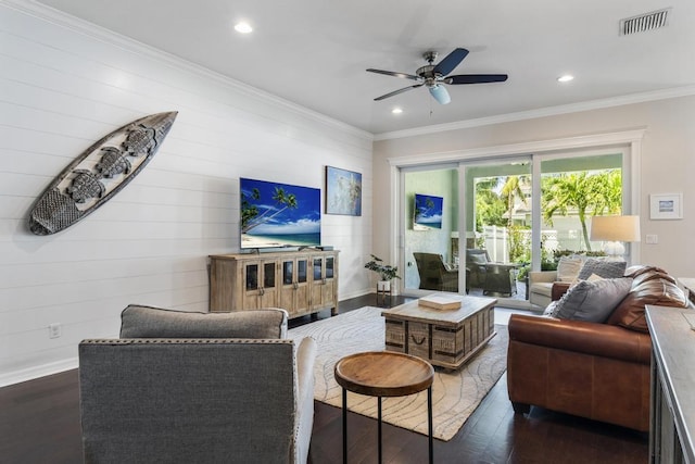 1345 Bourne Dr, Jupiter, FL 33458 - living room featuring dark wood-type flooring, a ceiling fan, ornamental molding, visible vents, and recessed lighting