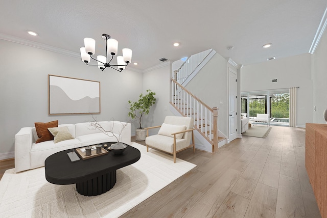 4770 SW Ardsley Dr, Stuart, FL 34997 - living room featuring light wood-type flooring, a chandelier, stairs, baseboards, and recessed lighting