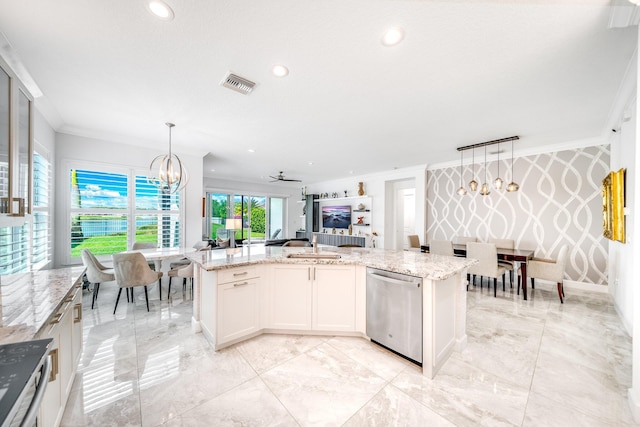 kitchen with an inviting chandelier, light stone countertops, ornamental molding, visible vents, and dishwasher