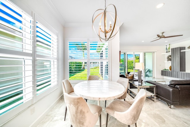 dining room featuring baseboards, ornamental molding, recessed lighting, ceiling fan with notable chandelier, and marble finish floor