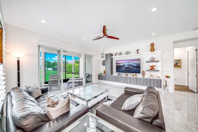 living area featuring a ceiling fan, ornamental molding, recessed lighting, marble finish floor, and baseboards