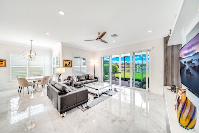 living area featuring ornamental molding, visible vents, baseboards, and marble finish floor