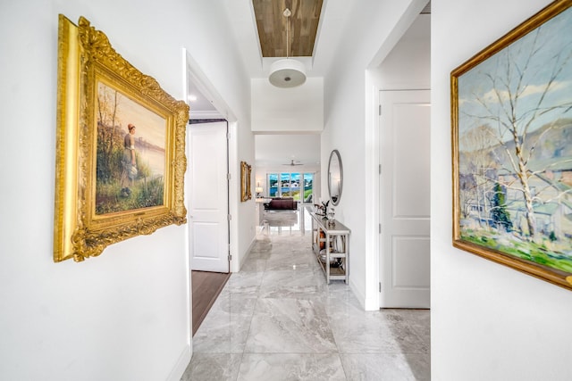 hall featuring marble finish floor and baseboards