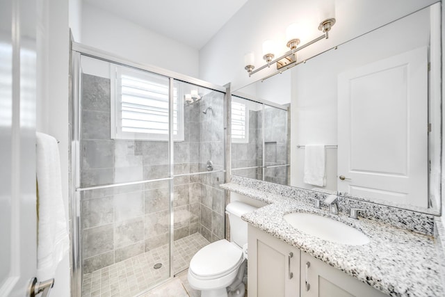 bathroom featuring toilet, a shower stall, and vanity