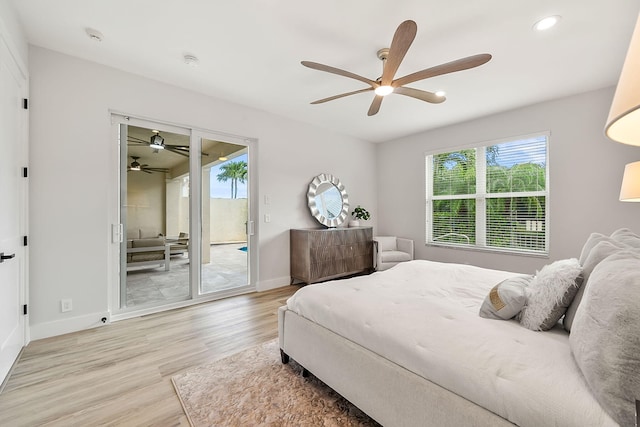 bedroom featuring baseboards, access to outside, light wood finished floors, and recessed lighting