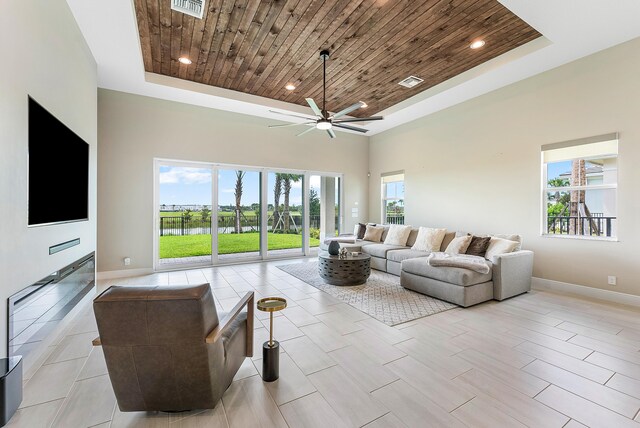 12618 Nautilus Cir, Palm Beach Gardens, FL 33412 - living area featuring visible vents, baseboards, a raised ceiling, wooden ceiling, and ceiling fan