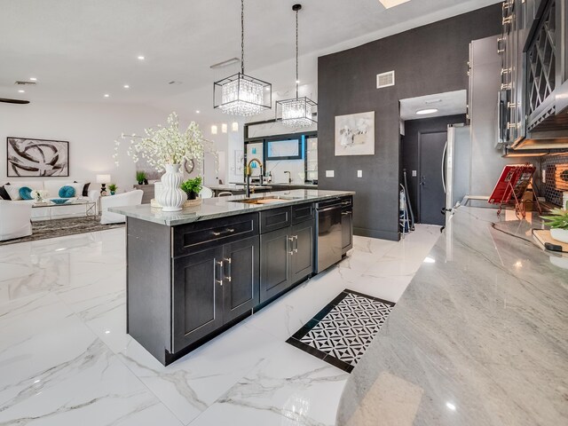 8540 Lake Cypress Rd, Lake Worth, FL 33467 - kitchen with dishwasher, a sink, freestanding refrigerator, light stone countertops, and marble finish floor