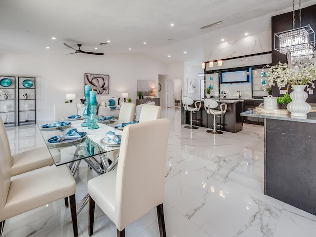 8540 Lake Cypress Rd, Lake Worth, FL 33467 - dining space with recessed lighting, marble finish floor, vaulted ceiling, and ceiling fan with notable chandelier
