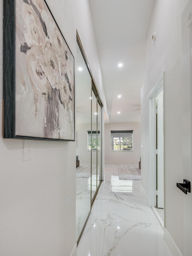 8540 Lake Cypress Rd, Lake Worth, FL 33467 - corridor featuring baseboards, recessed lighting, and marble finish floor