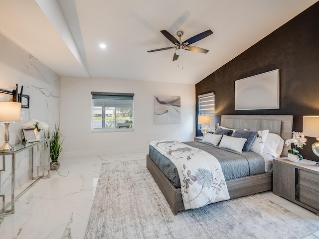 8540 Lake Cypress Rd, Lake Worth, FL 33467 - bedroom with an accent wall, a ceiling fan, recessed lighting, marble finish floor, and lofted ceiling