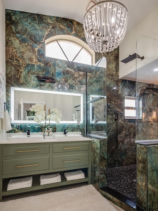 8540 Lake Cypress Rd, Lake Worth, FL 33467 - bathroom with double vanity, a sink, a notable chandelier, and walk in shower