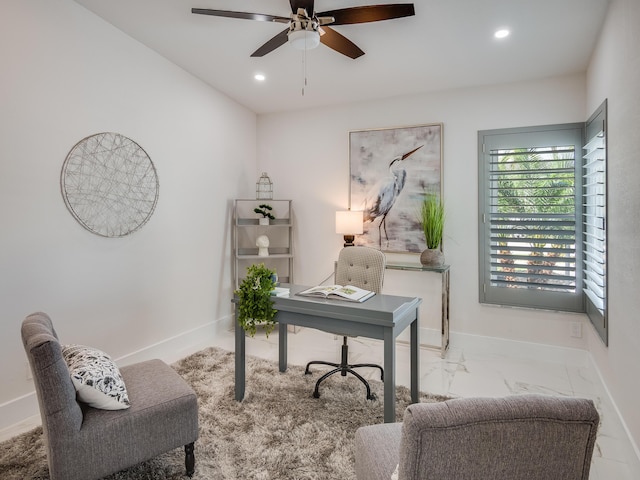 8540 Lake Cypress Rd, Lake Worth, FL 33467 - home office with baseboards, recessed lighting, marble finish floor, and a ceiling fan