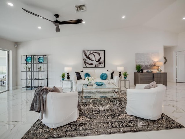 8540 Lake Cypress Rd, Lake Worth, FL 33467 - living room with a ceiling fan, vaulted ceiling, visible vents, recessed lighting, and marble finish floor
