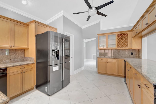 kitchen with stainless steel fridge with ice dispenser, light brown cabinets, ornamental molding, glass insert cabinets, and ceiling fan