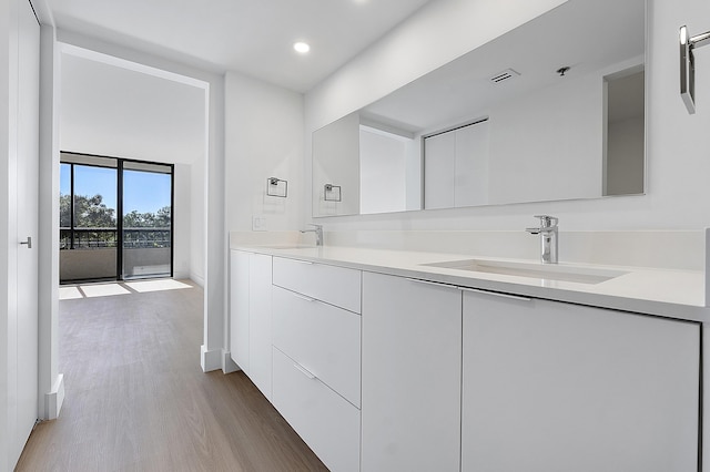 bathroom featuring wood finished floors, double vanity, a sink, and recessed lighting