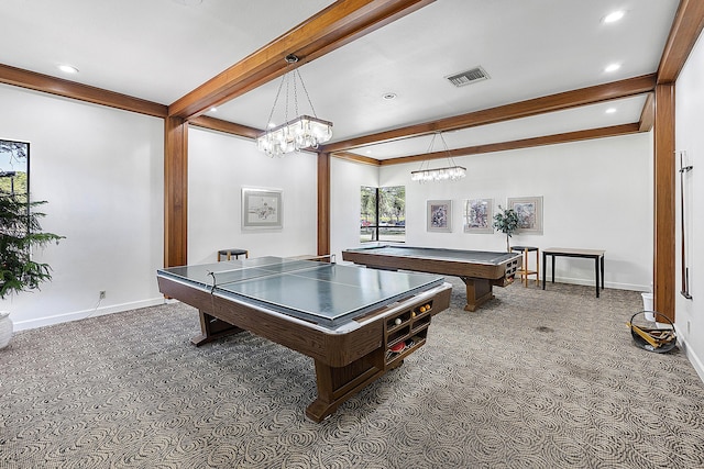 rec room featuring beamed ceiling, visible vents, baseboards, billiards, and a notable chandelier
