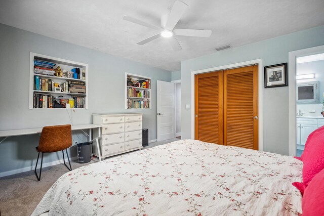 bedroom with ceiling fan, carpet, baseboards, visible vents, and a closet