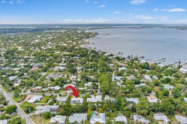 aerial view featuring a residential view and a water view