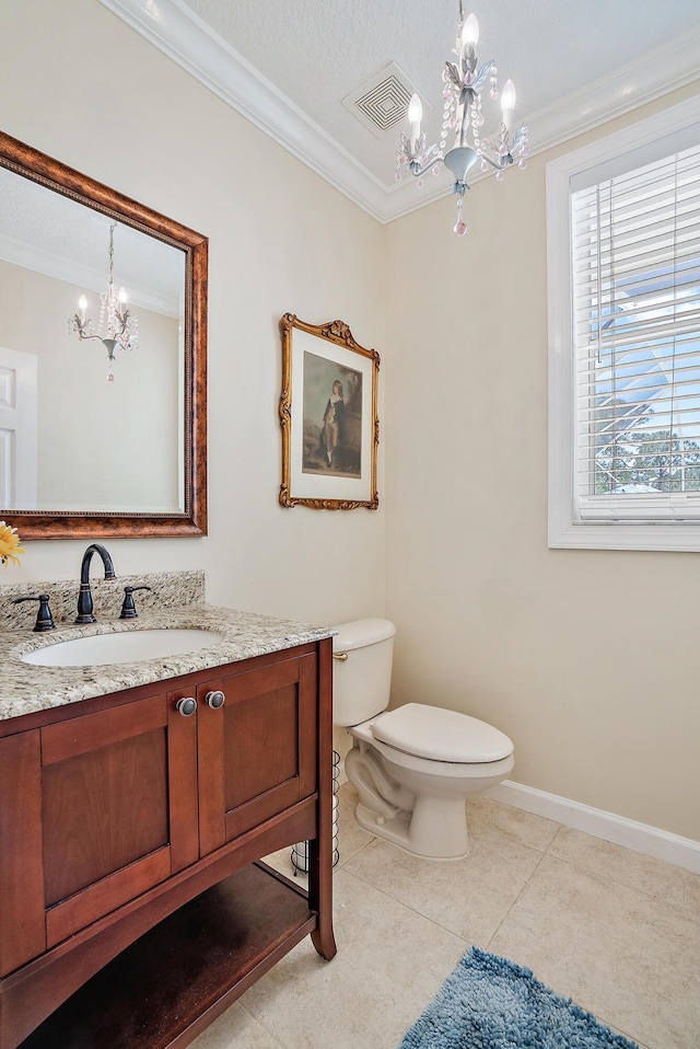 bathroom with visible vents, an inviting chandelier, ornamental molding, toilet, and tile patterned flooring