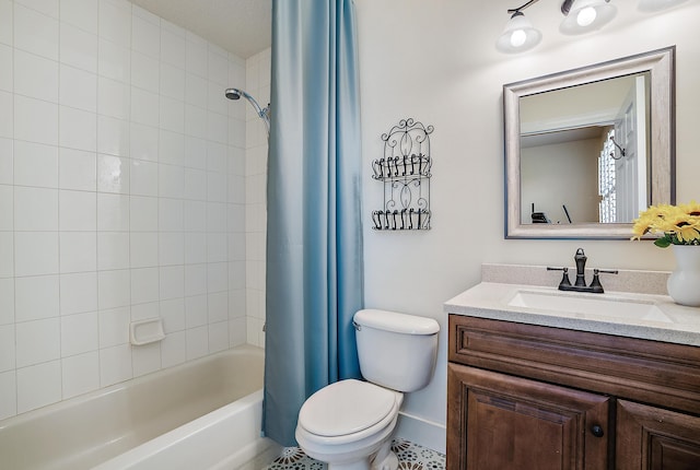 full bathroom featuring toilet, shower / bath combo, and vanity
