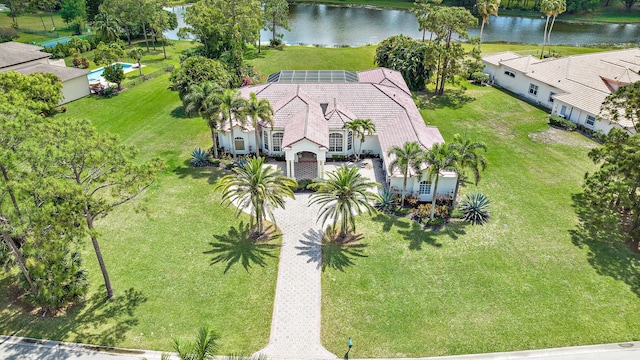 drone / aerial view featuring a water view
