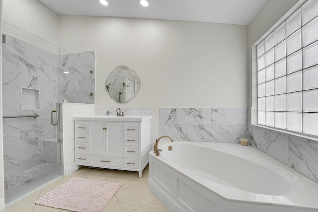 6298 Via Primo St, Lake Worth, FL 33467 - bathroom featuring a bath, a marble finish shower, vanity, tile patterned floors, and recessed lighting