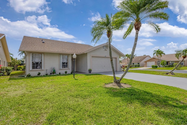 ranch-style house featuring an attached garage, concrete driveway, stucco siding, and a front yard