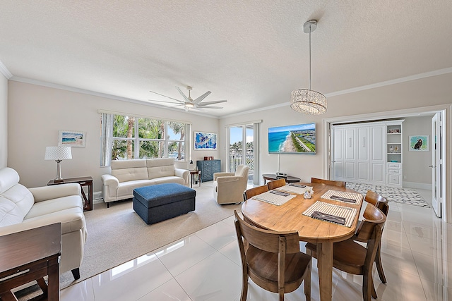 621 Bay Colony Drive S & Slip 13, Juno Beach, FL 33408 - dining space with a textured ceiling, ornamental molding, tile patterned floors, baseboards, and carpet