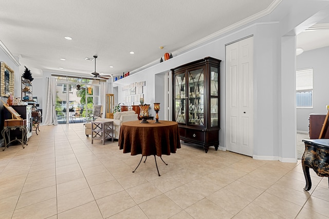 2111 Bellcrest Ct, Royal Palm Beach, FL 33411 - dining room featuring light tile patterned floors, ceiling fan, ornamental molding, and recessed lighting