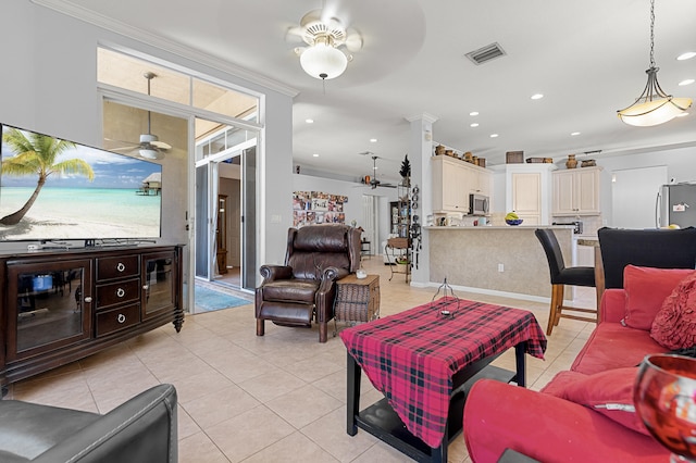 2111 Bellcrest Ct, Royal Palm Beach, FL 33411 - living room with ceiling fan, light tile patterned floors, recessed lighting, and crown molding