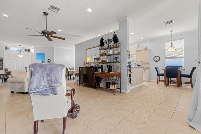 2111 Bellcrest Ct, Royal Palm Beach, FL 33411 - living area with a ceiling fan, ornamental molding, light tile patterned floors, recessed lighting, and baseboards