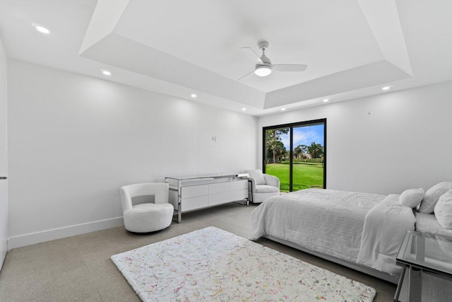 6878 Touchstone Cir, Palm Beach Gardens, FL 33418 - bedroom with carpet, recessed lighting, ceiling fan, a raised ceiling, and access to outside