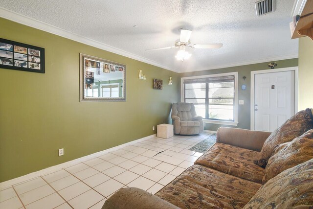 431 Jupiter Lakes Blvd Unit 2113C, Jupiter, FL 33458 - living area featuring a textured ceiling, a ceiling fan, light tile patterned floors, visible vents, and ornamental molding