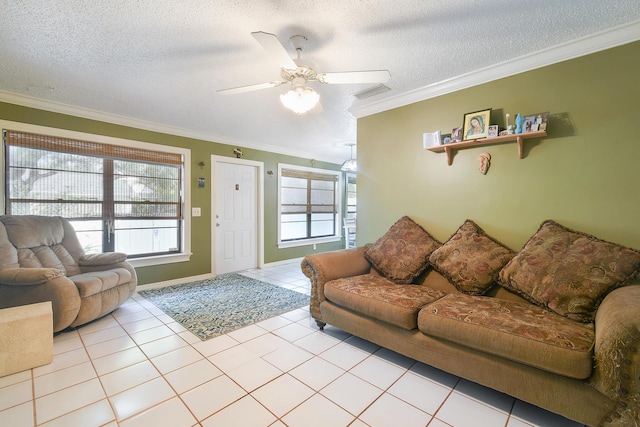 431 Jupiter Lakes Blvd Unit 2113C, Jupiter, FL 33458 - tiled living room with crown molding, a textured ceiling, and visible vents